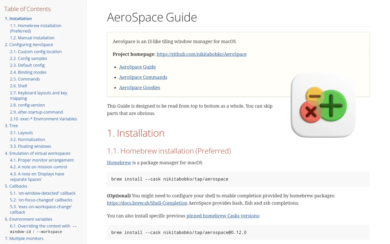 The AeroSpace page at nikitabobko.github.io