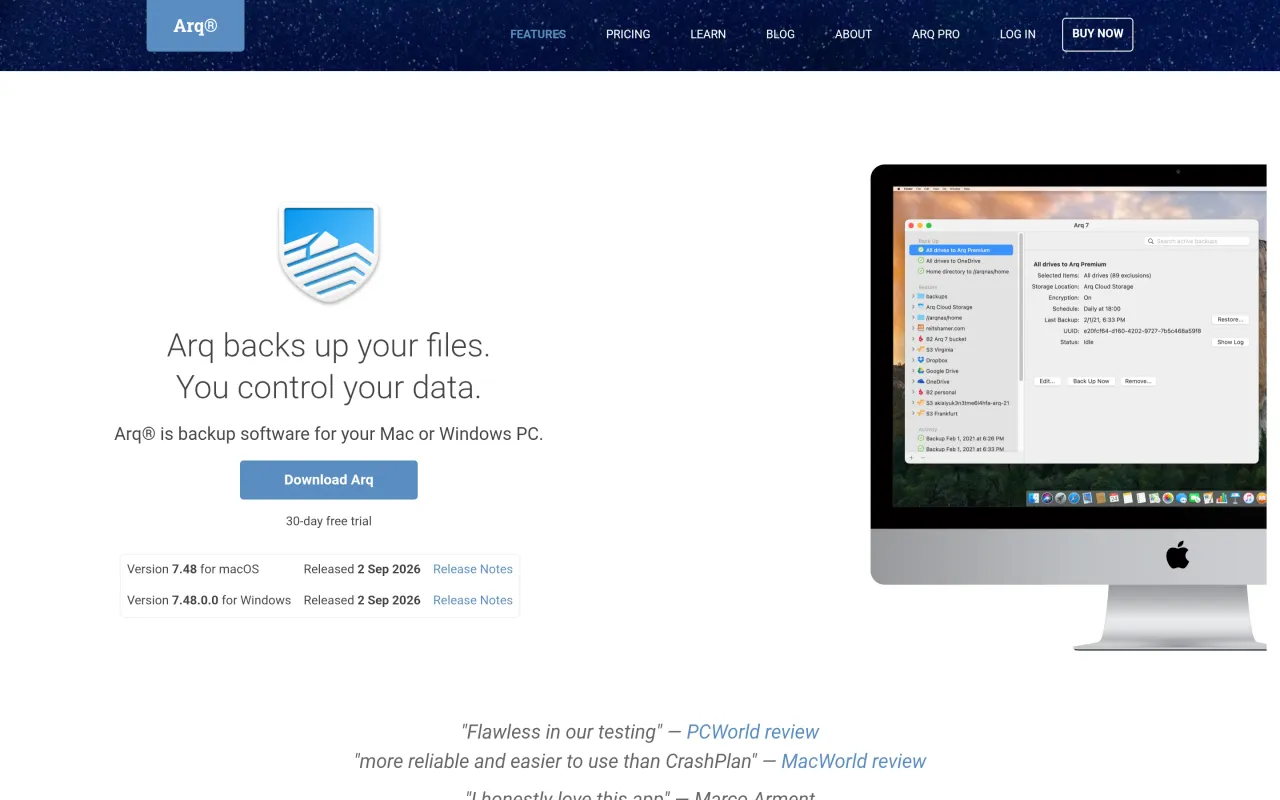 The Arq Backup page at arqbackup.com