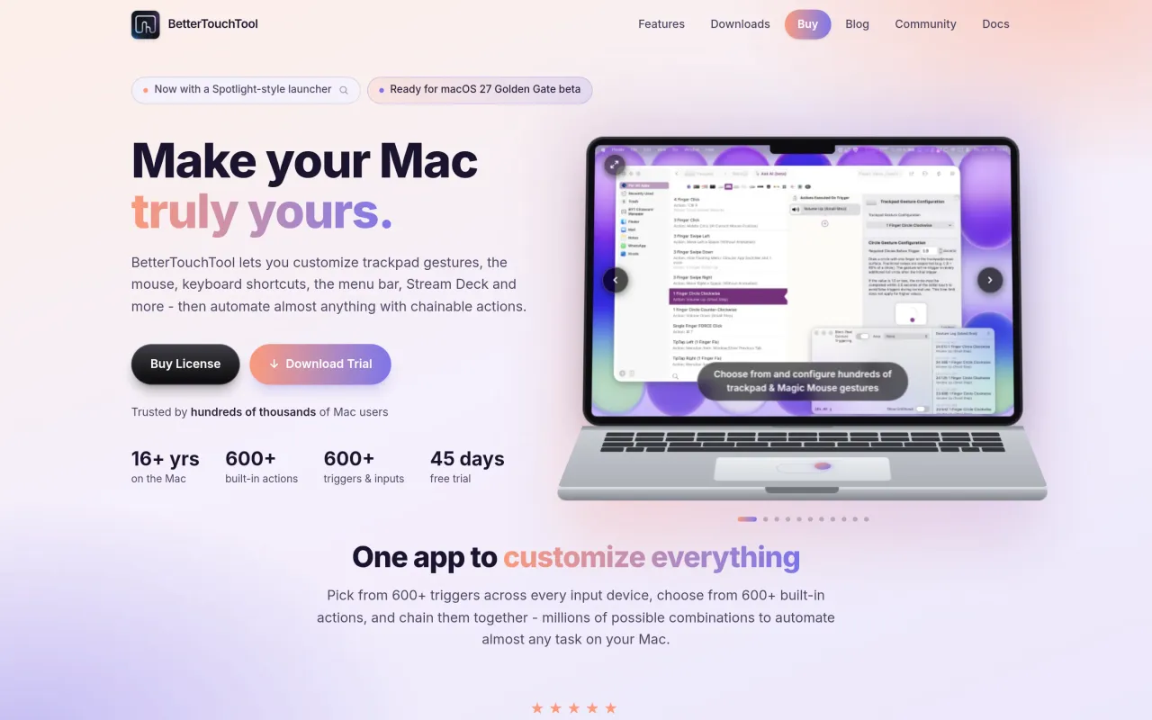 The BetterTouchTool page at folivora.ai