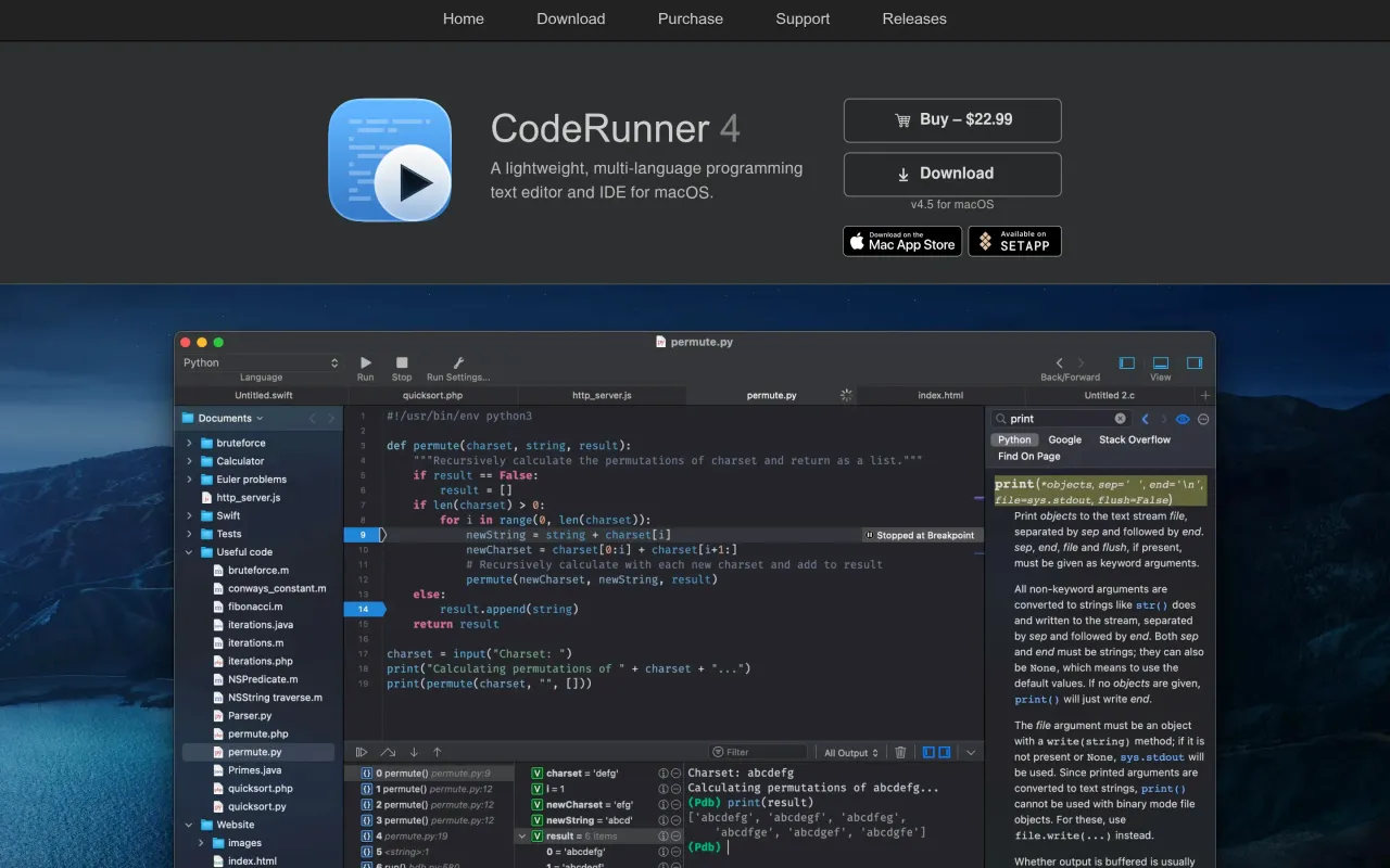 The CodeRunner page at coderunnerapp.com