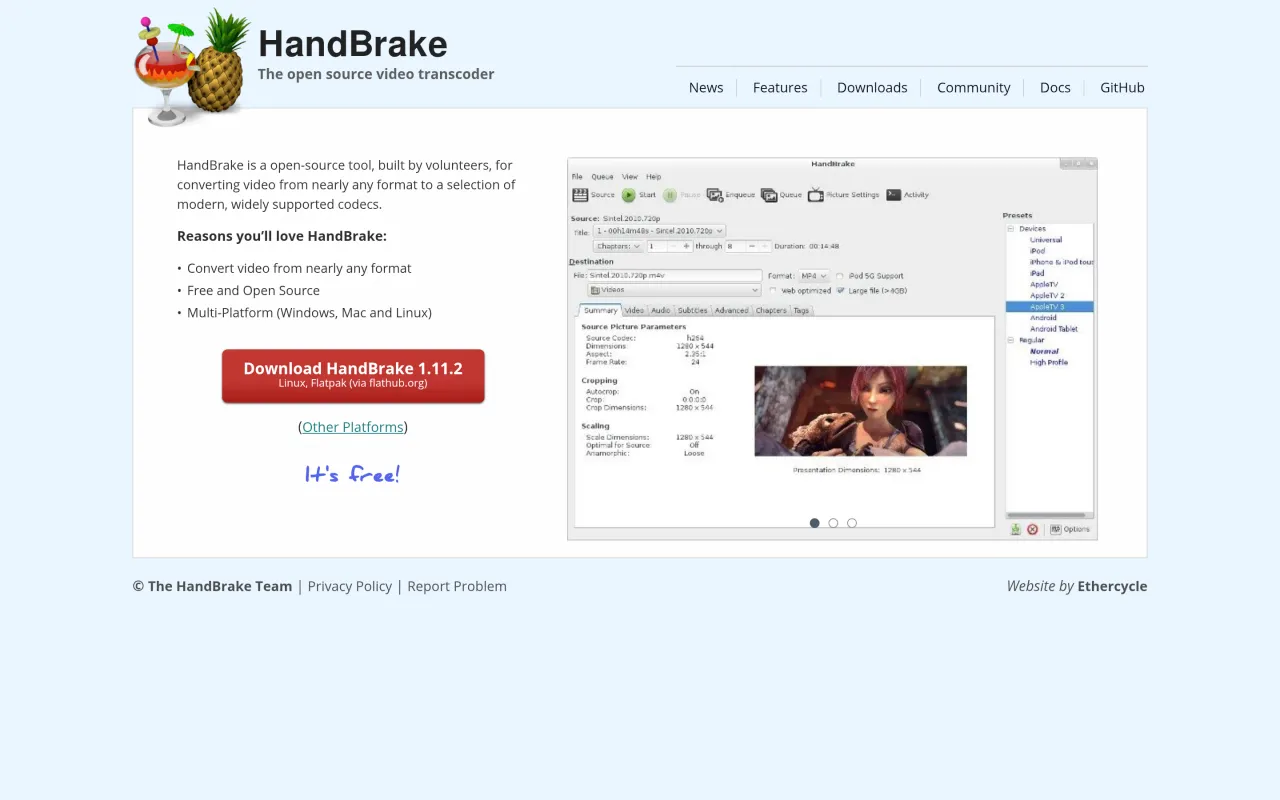 The HandBrake page at handbrake.fr