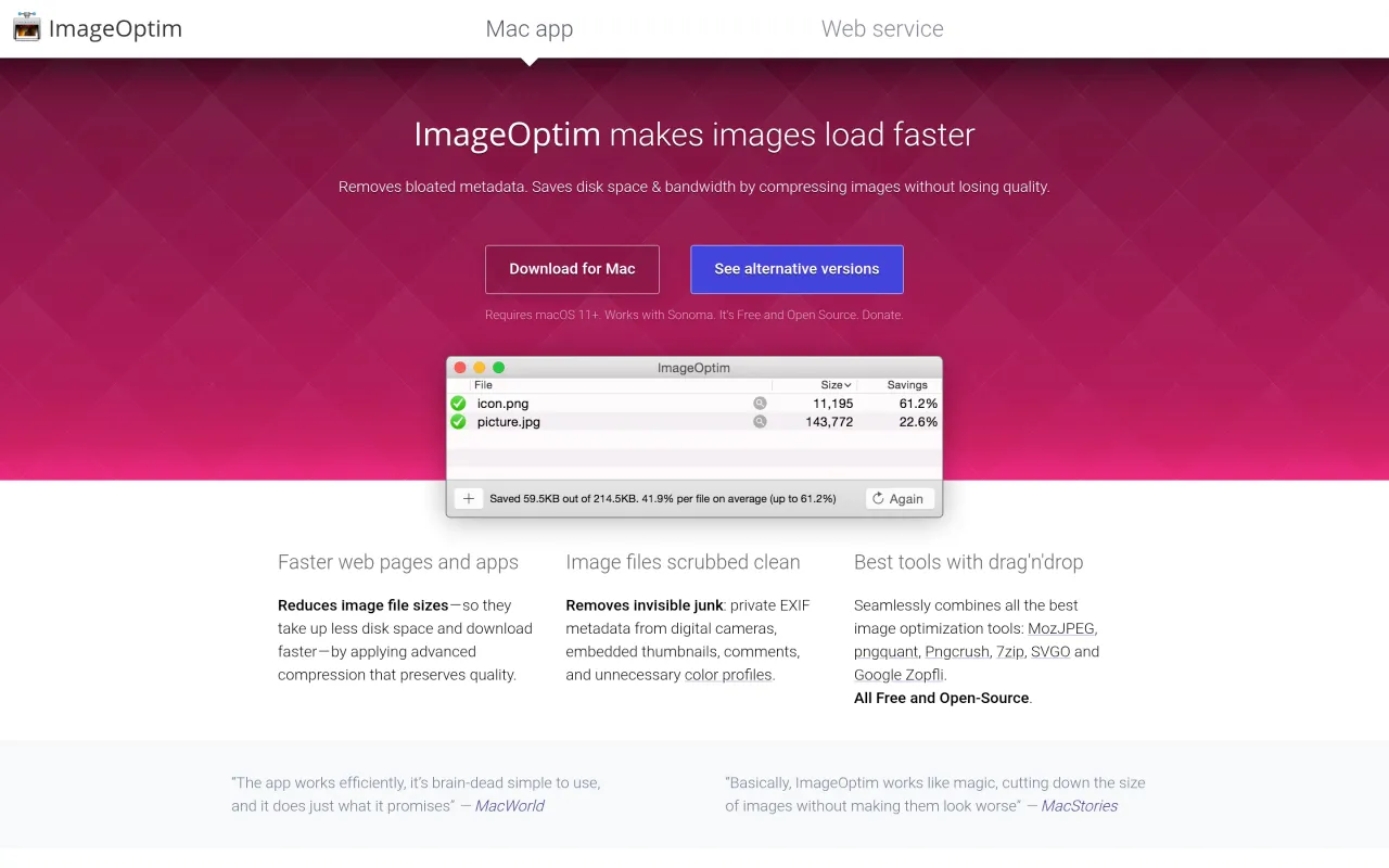 The ImageOptim page at imageoptim.com