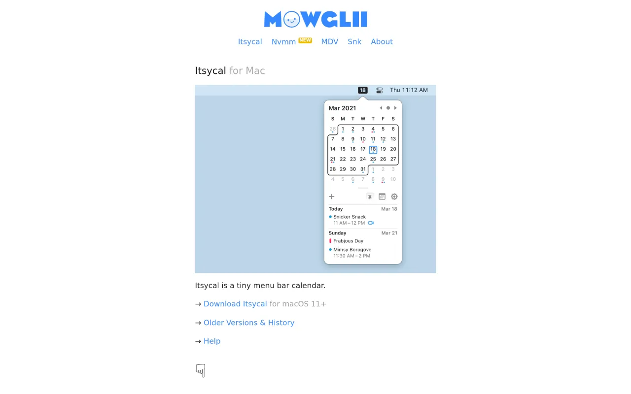 The Itsycal page at mowglii.com