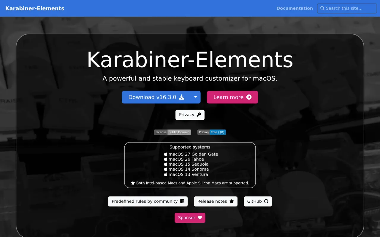 The Karabiner-Elements page at karabiner-elements.pqrs.org