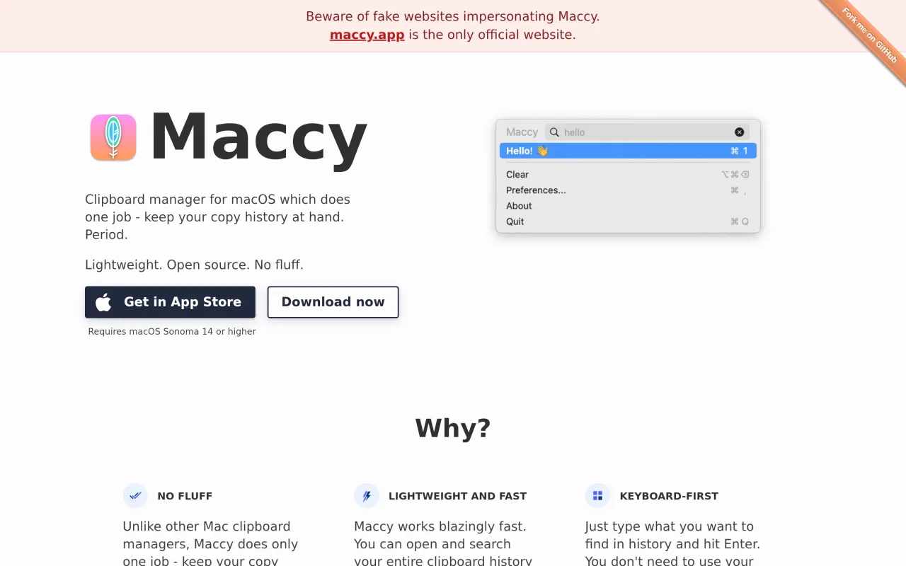 The Maccy page at maccy.app