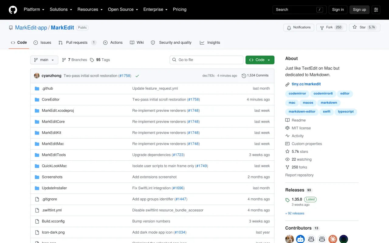 The MarkEdit page at github.com