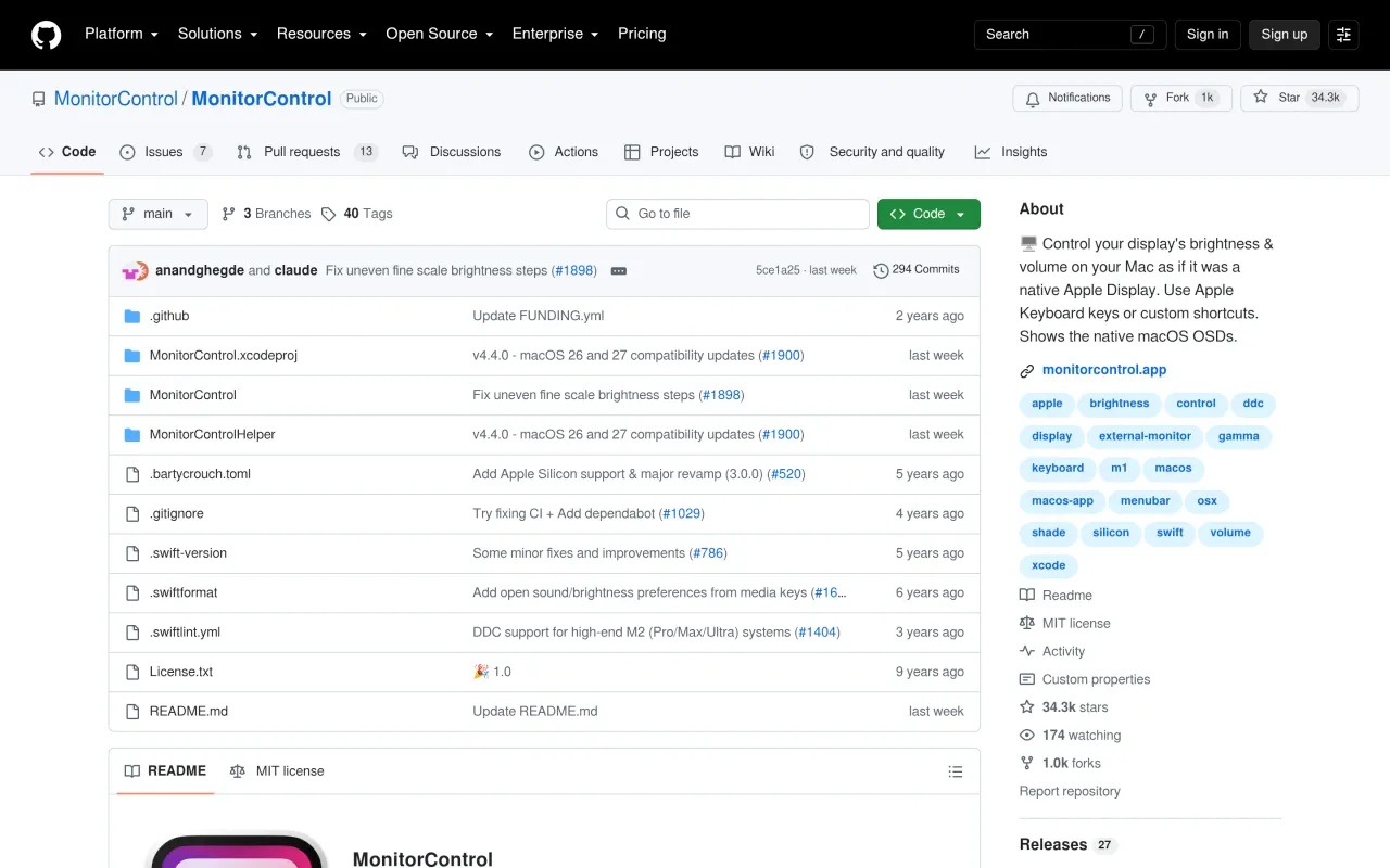 The MonitorControl page at github.com