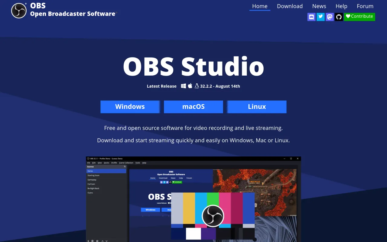 The OBS Studio page at obsproject.com