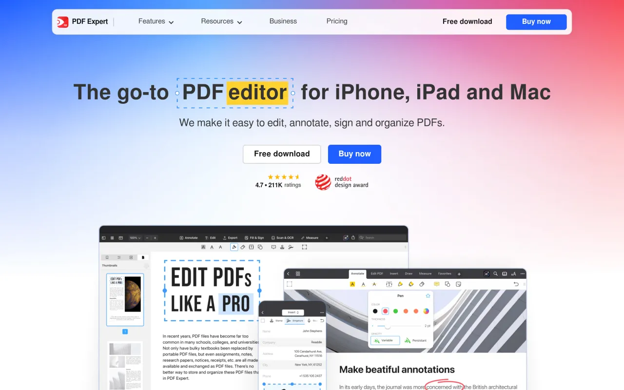 The PDF Expert page at pdfexpert.com