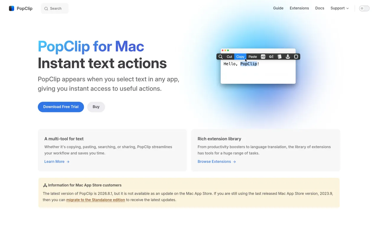 The PopClip page at popclip.app