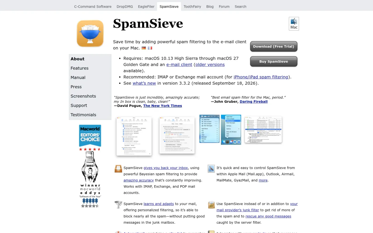 The SpamSieve page at c-command.com