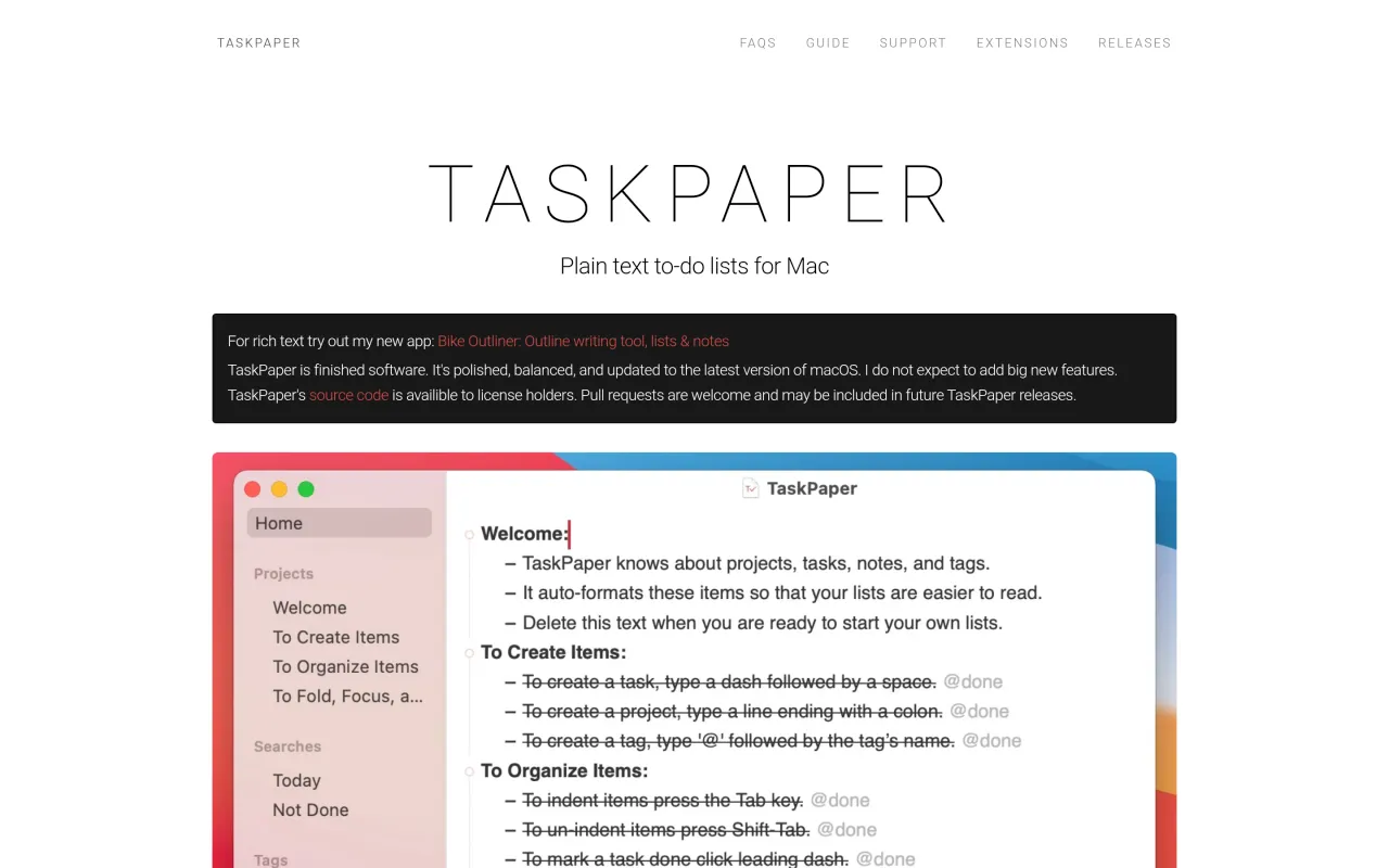 The TaskPaper page at taskpaper.com